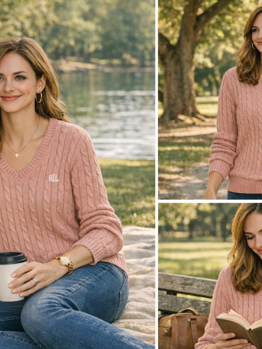 Ralph Lauren Blush Pink Cable‑Knit V‑Neck Sweater – Cozy Classic LRL - Picture 4 of 4